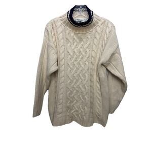 Aran Crafts Irish Sweater Mock Neck Ivory Merino Wool Womens Small